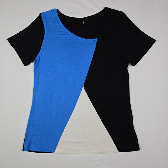 AYIFU Retro Pop‎ Art Colorblock Tunic Blue Black White Asymmetrical Top M - Picture 5 of 11
